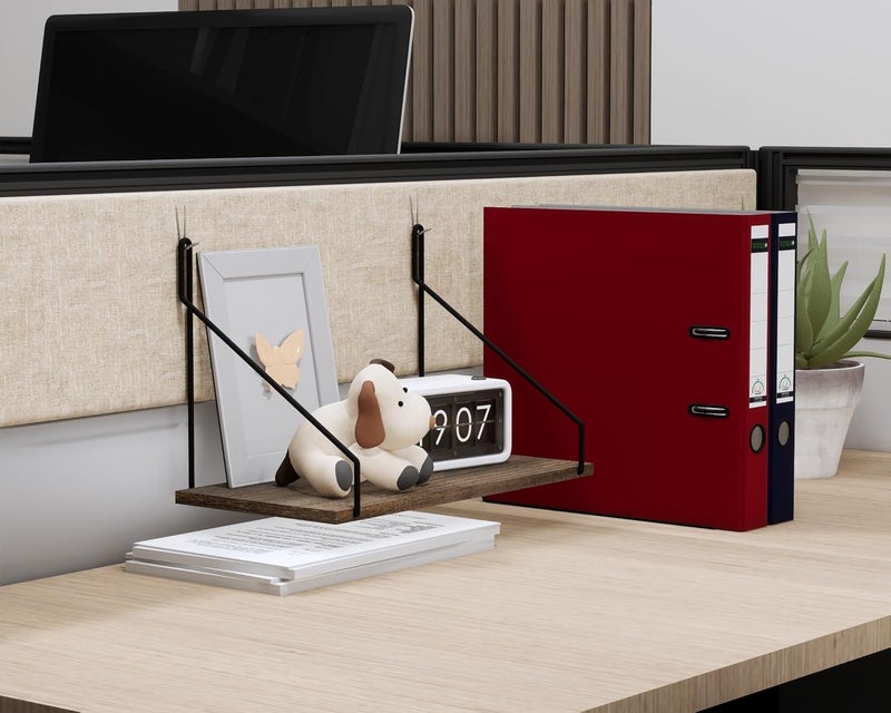 SoaShower Cubicle Shelf with Hooks – 11.8" Office Cubicle Accessories for Work, Floating Wall Shelf for Cubicle Decor, Hanging Organizer for Cubicle Wall Storage & Office Decorations&Brown - Image 2